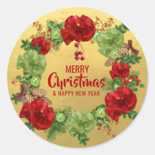 Custom MERRY KERSTMIS krans rood groen goud Ronde Sticker