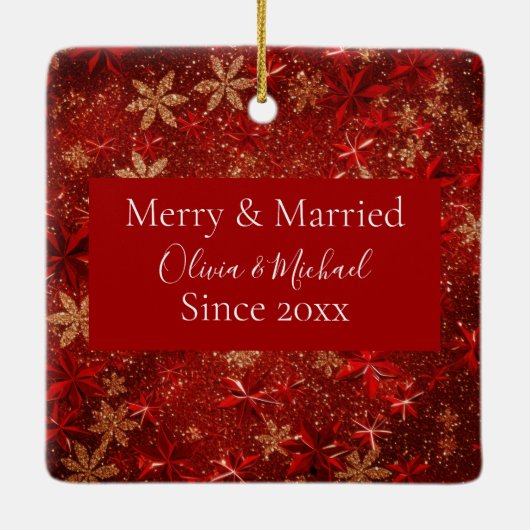Custom Merry & Married Red Glitter Eerste Kerstdag Keramisch Ornament (Achterkant)