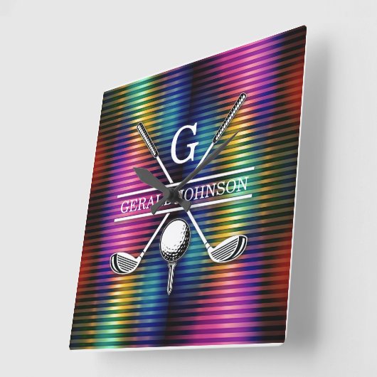 Custom Metallic Kleurrijke Golf Monogram Ontwerp Vierkante Klok (Hoek)