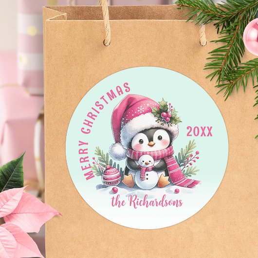 Custom Mint Green en Pink Merry Christmas Penguin Ronde Sticker