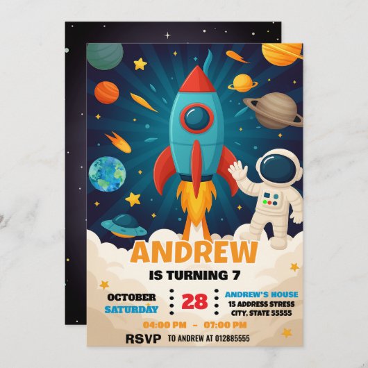 Custom Modern Astronaut Outer Space Birthday Kaart (Voorkant / Achterkant)