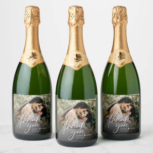Custom Modern Bedankt Script Foto Wedding Sparkling Wijnetiket (Flessen)