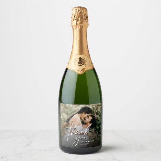 Custom Modern Bedankt Script Foto Wedding Sparkling Wijnetiket (Voorkant)