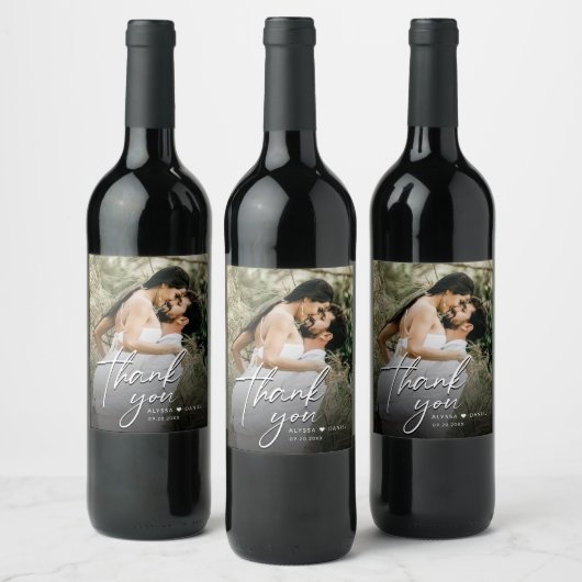 Custom Modern Bedankt Script Foto Wedding Wijn Etiket (Flessen)