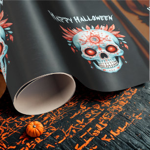 Custom Modern Blauw Roze Halloween Suikerschedel Cadeaupapier