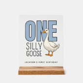 Custom Modern Blue One Silly Goose First Birthday Acryl Bord (Voorkant)