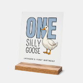 Custom Modern Blue One Silly Goose First Birthday Acryl Bord (Hoek)
