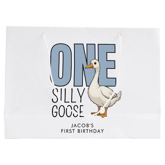 Custom Modern Blue One Silly Goose First Birthday Groot Cadeauzakje (Achterkant)