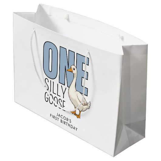 Custom Modern Blue One Silly Goose First Birthday Groot Cadeauzakje (Achterkant Gekanteld)