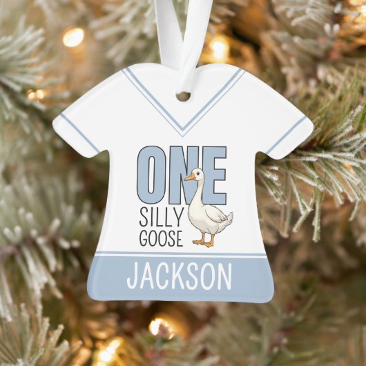 Custom Modern Blue One Silly Goose First Birthday Ornament (Boom)