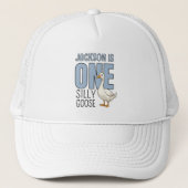 Custom Modern Blue One Silly Goose First Birthday Trucker Pet (Voorkant)