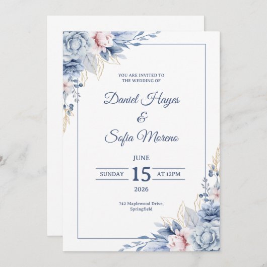 Custom Modern Blue Wedding Invitation (Devant / Derrière)