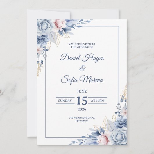 Custom Modern Blue Wedding Invitation Kaart (Voorkant)