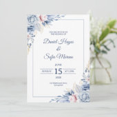 Custom Modern Blue Wedding Invitation Kaart (Staand voorkant)