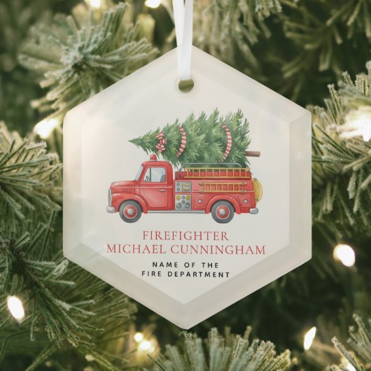 Custom Modern Firefighter Christmas Fire Truck Glas Ornament (Insitu)