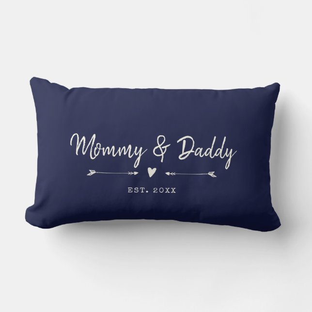 Custom Modern Mama & Daddy Nieuwe Ouders Dark Navy Kussen (Voorkant)