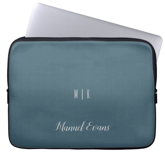 Custom Modern Minimalistisch Monogram Blauw Wit Laptop Sleeve (Voorkant)