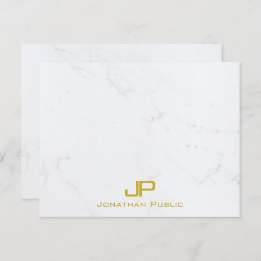Custom Modern Monogram Goud Wit Marmer Eenvoudig Notitiekaartje (Voorkant / Achterkant)