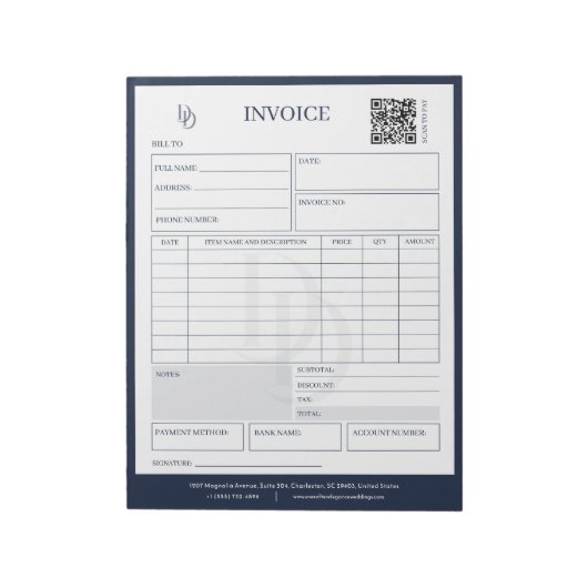 Custom Modern Navy Wedding Planner Invoice Billing Notitieblok (Gedraaid)
