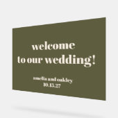 Custom Modern Olive Green Wedding Welkom Acryl Bord (Hoek)