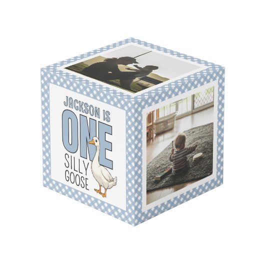 Custom Modern One Silly Goose 1st Birthday Photo Kubus (Voorkant hoekig)