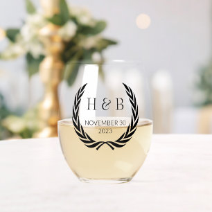 Custom Modern Zwart Kalligrafie Paar Initialen Wijnglas Zonder Voet