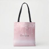 Custom Monogram Blush Roze Glitter Drips Metallic Draagtas (Voorkant)