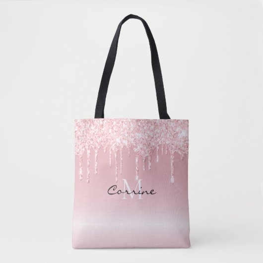 Custom Monogram Blush Roze Glitter Drips Metallic Draagtas (Voorkant)