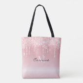 Custom Monogram Blush Roze Glitter Drips Metallic Draagtas (Achterkant)