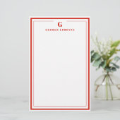 Custom Monogram Candy Red Border Stationery  Briefpapier (Staand voorkant)