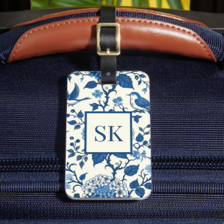 Custom Monogram Chinoiserie Blauw en Wit Bagagelabel