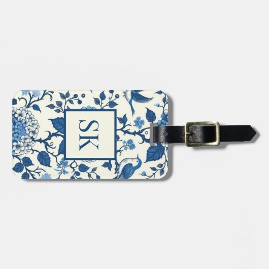 Custom Monogram Chinoiserie Blauw en Wit Bagagelabel (Voorkant horizontaal)