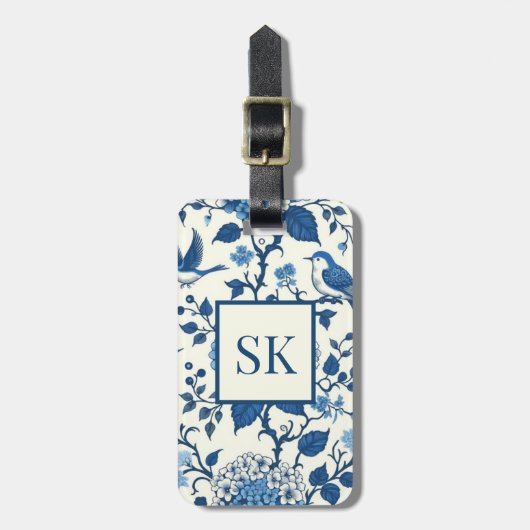 Custom Monogram Chinoiserie Blauw en Wit Bagagelabel (Voorkant verticaal)