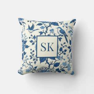 Custom Monogram Chinoiserie Blauw en Wit Kussen