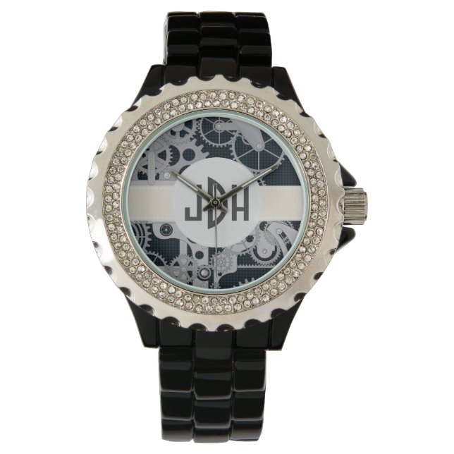 Custom Monogram Geared Up Black emaille horloge (Voorkant)