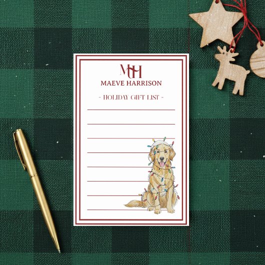 Custom Monogram Golden Retriever Holiday Gift List Post-it® Notes