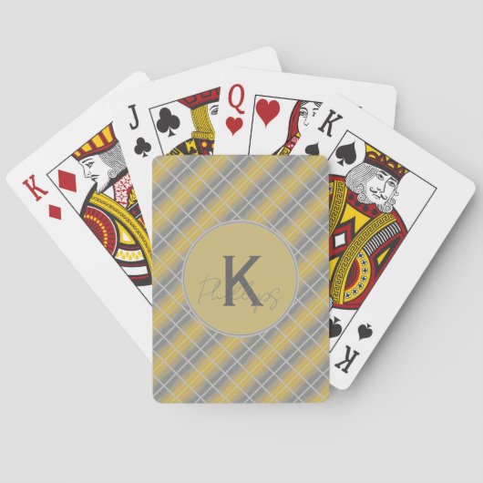 Custom Monogram Goud en Grijs Plaid Pokerkaarten (Achterkant)