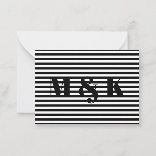 Custom monogram initialen zwart wit strepen notitiekaartje (Voorkant)