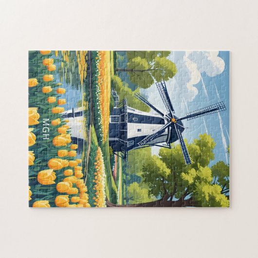 Custom Monogram Nederland Windmolens Legpuzzel (Horizontaal)