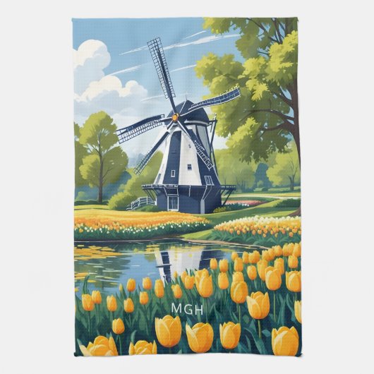 Custom Monogram Nederland Windmolens Theedoek (Verticaal)