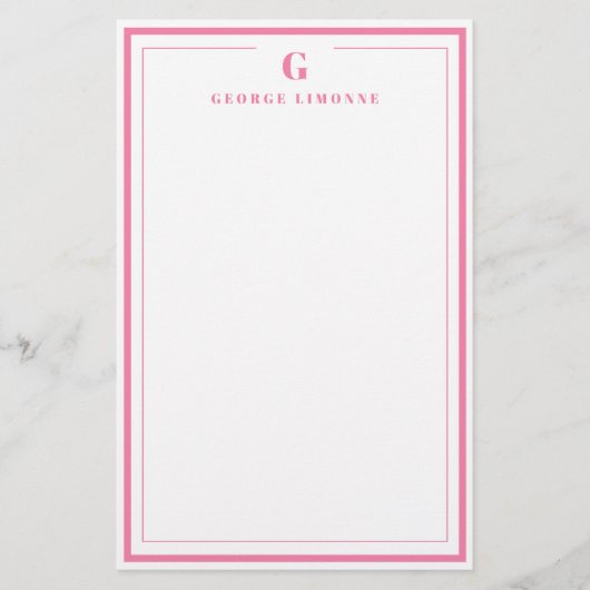 Custom Monogram Pink Border Stationery Briefpapier (Voorkant)