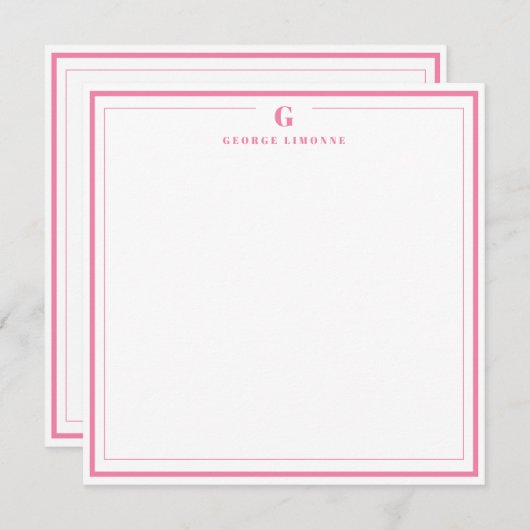 Custom Monogram Pink Border Stationery Notitiekaartje (Voorkant / Achterkant)