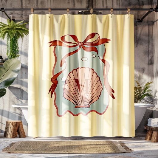 Custom Monogram Retro Coastal Seashell Douchegordijn