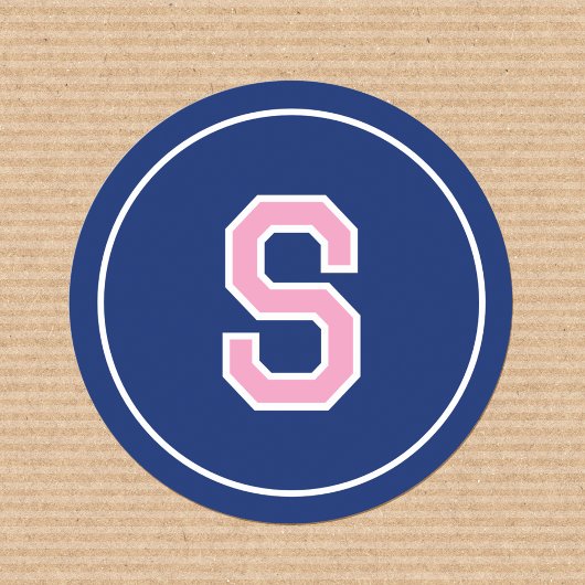 Custom Monogram Retro Typografie Navy Pink Ronde Sticker