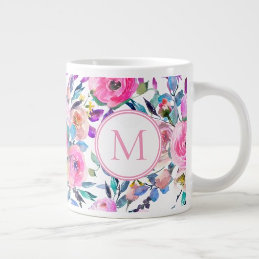 Custom Monogram Roze Bloemen Extra Grote Beker (Rechts)