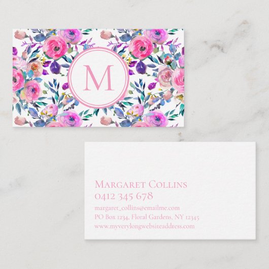 Custom Monogram Roze Bloemen Waterverf Visitekaartje (Voorkant / Achterkant)