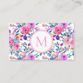 Custom Monogram Roze Bloemen Waterverf Visitekaartje (Voorkant)