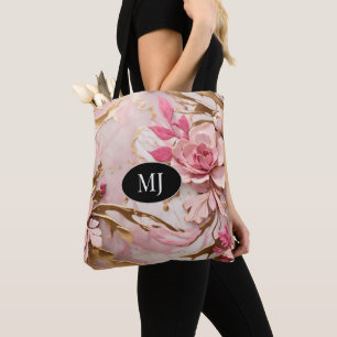 Custom Monogram Roze Wit Goud Bloemen Canvas tas