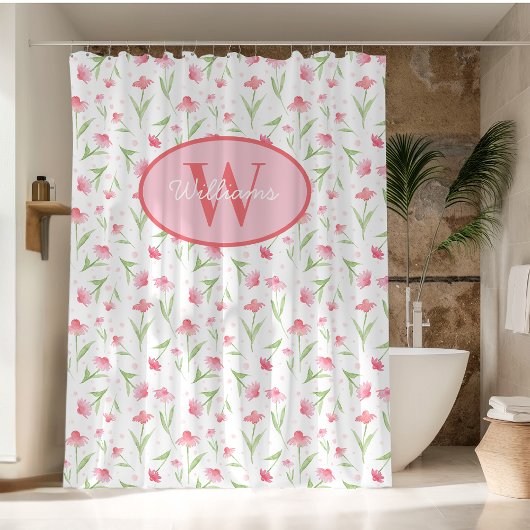 Custom Monogram Shower Curtain Pink Flowers Cute Douchegordijn