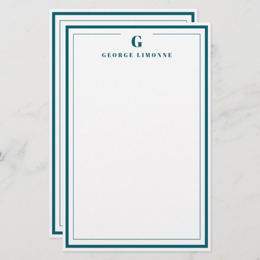 Custom Monogram Teal Blue Border Stationery Briefpapier (Voorkant / Achterkant)
